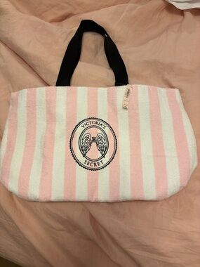 Victoria's Secret Pink & White Striped Terry Cloth Tote with Black Handles